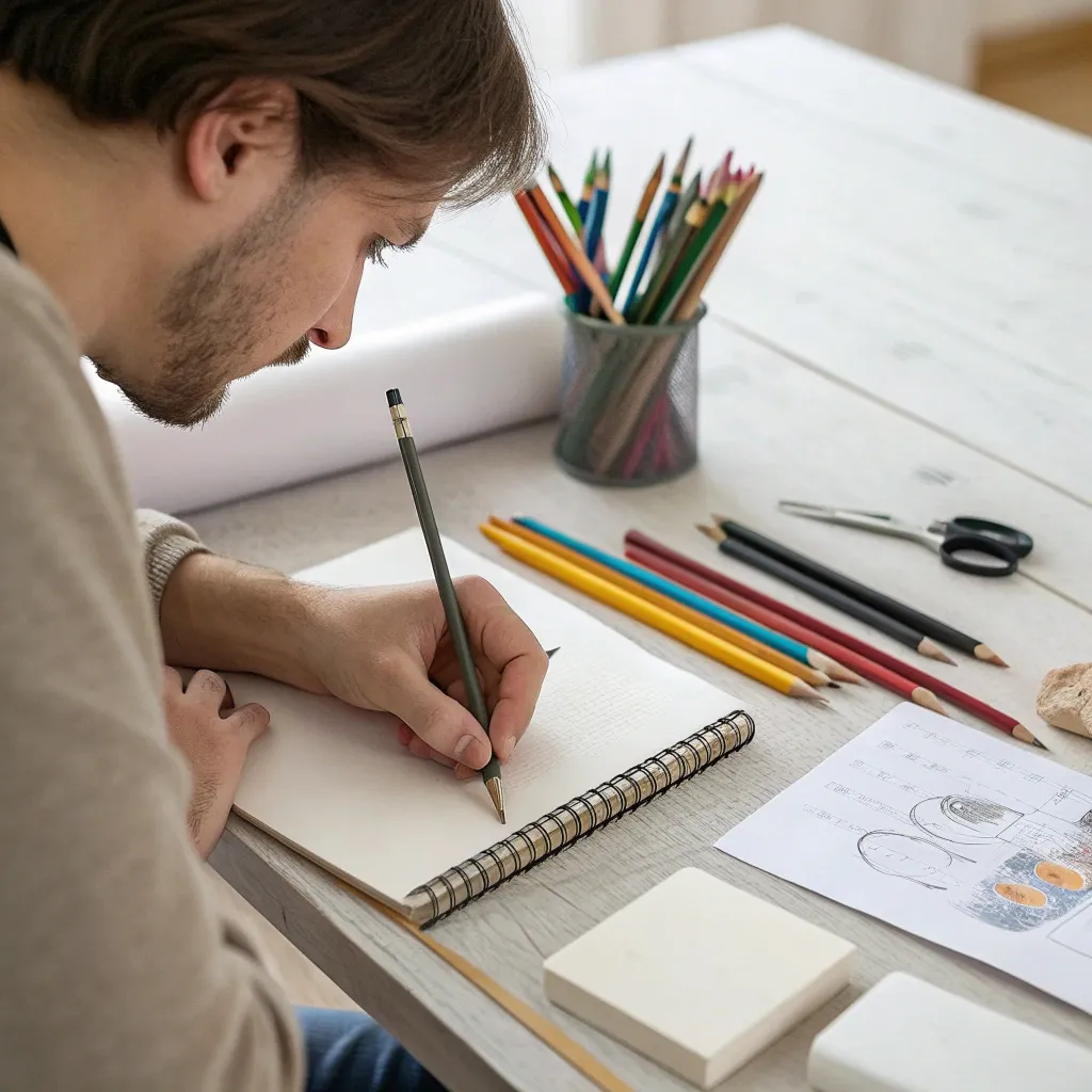 A person drawing on a sketchpad with pencils
